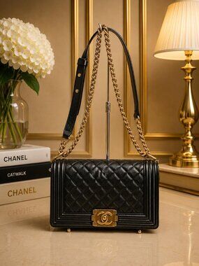 Authentic Chanel Boy Bag Black Caviar Leather Crossbody Purse